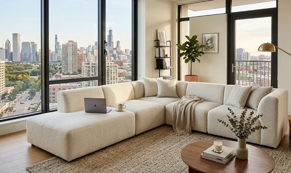 Custom modular seating, removable cover sofa, bouclé modular couch, adaptable living room furniture